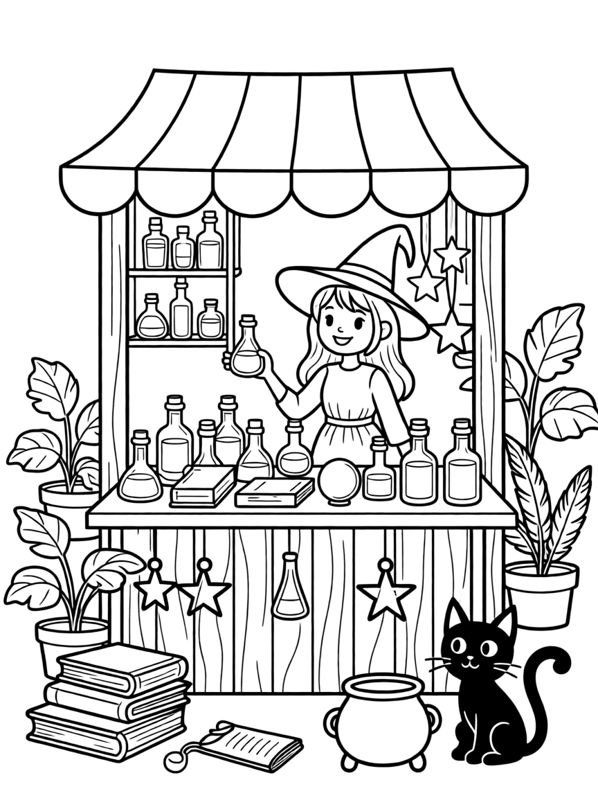 A witch's market selling magical items and potions