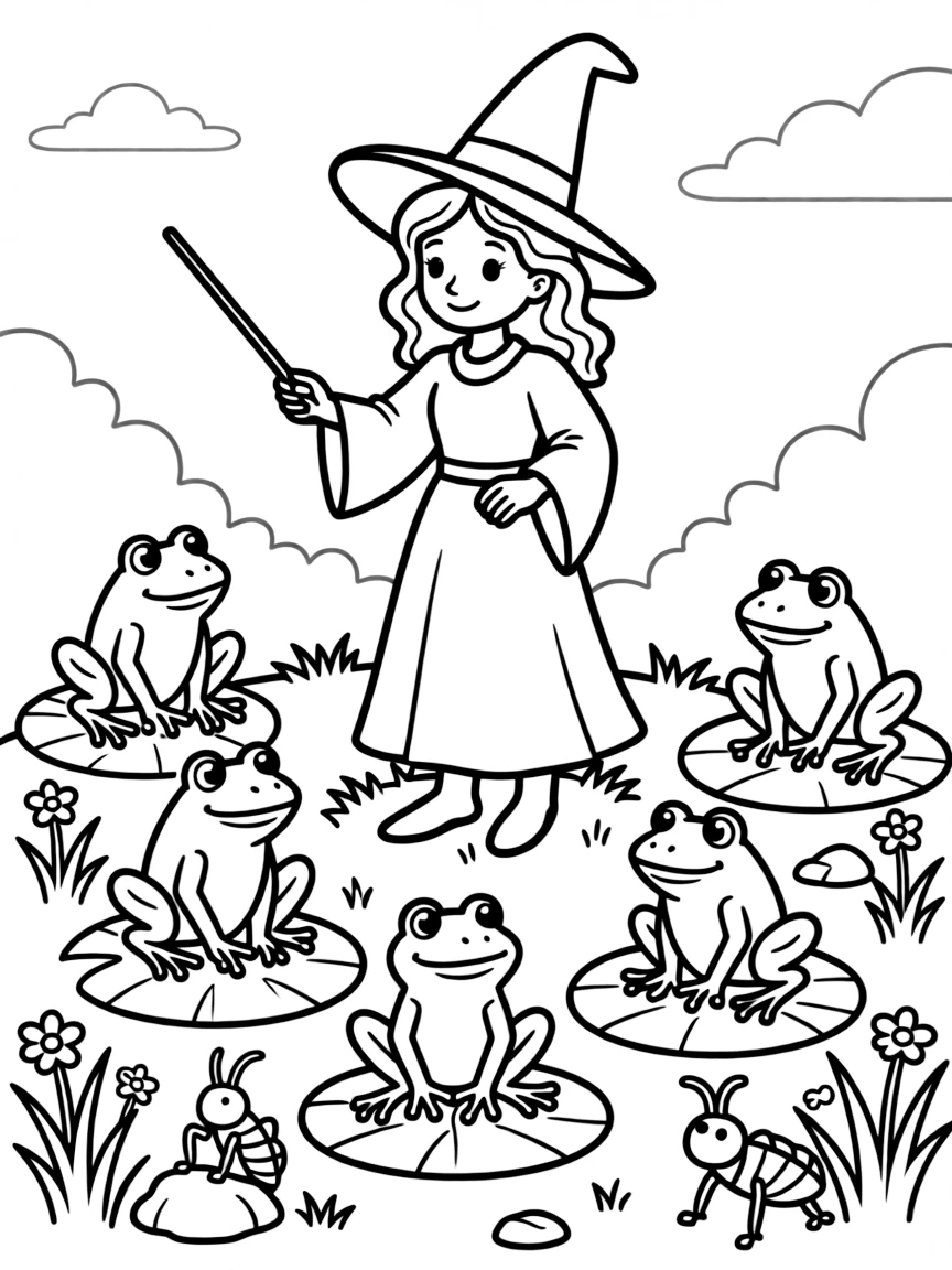 A witch conducting a symphony of frogs and crickets