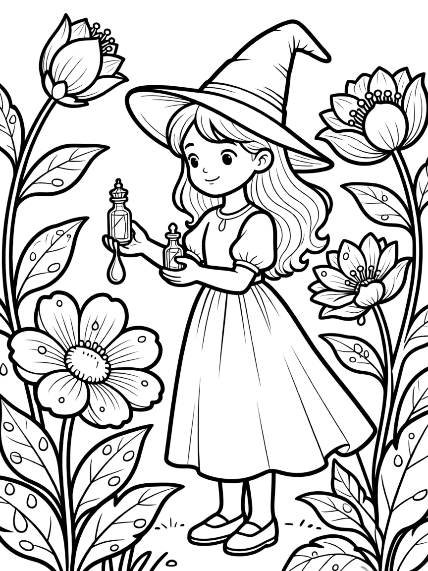 A witch collecting morning dew in tiny crystal vials