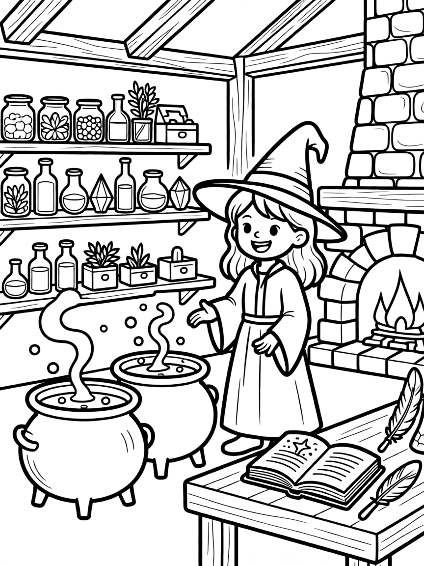 A witch's workshop with bubbling cauldrons and spell components