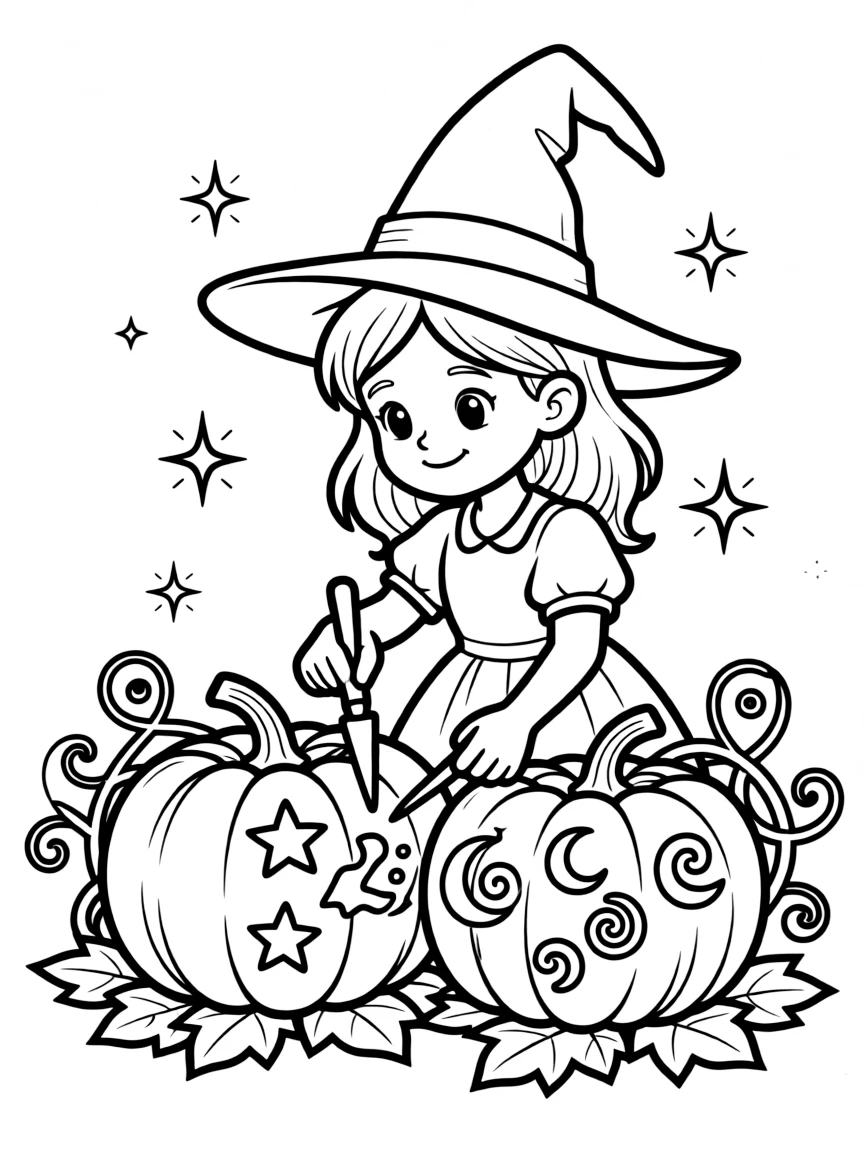 A witch carving magical symbols into pumpkins