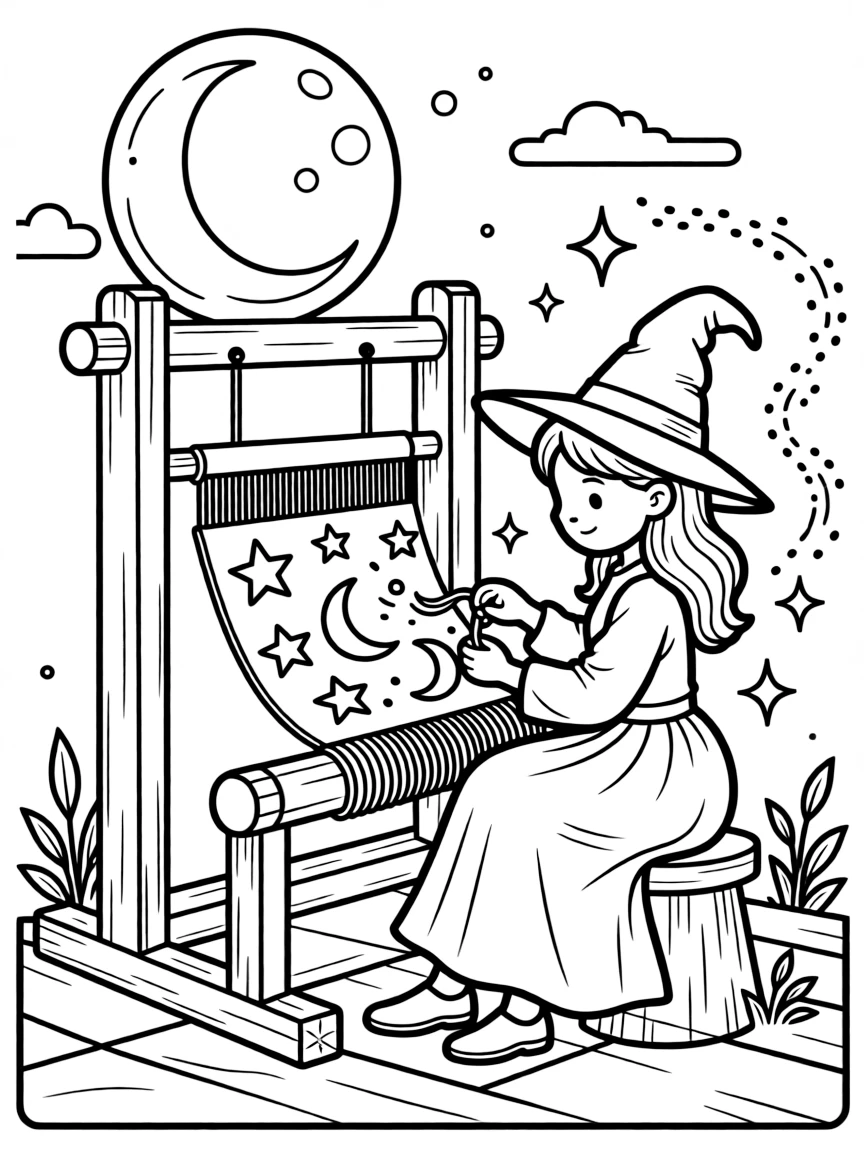 A witch weaving spells into a tapestry on a moonlit loom
