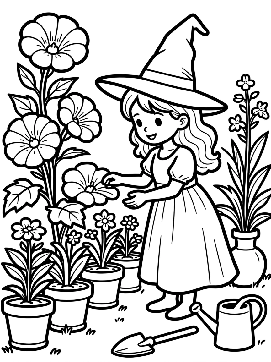 A witch tending to her garden of moonflowers and night-blooming herbs