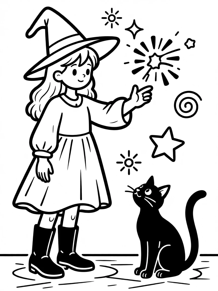 A witch teaching her black cat to perform simple spells