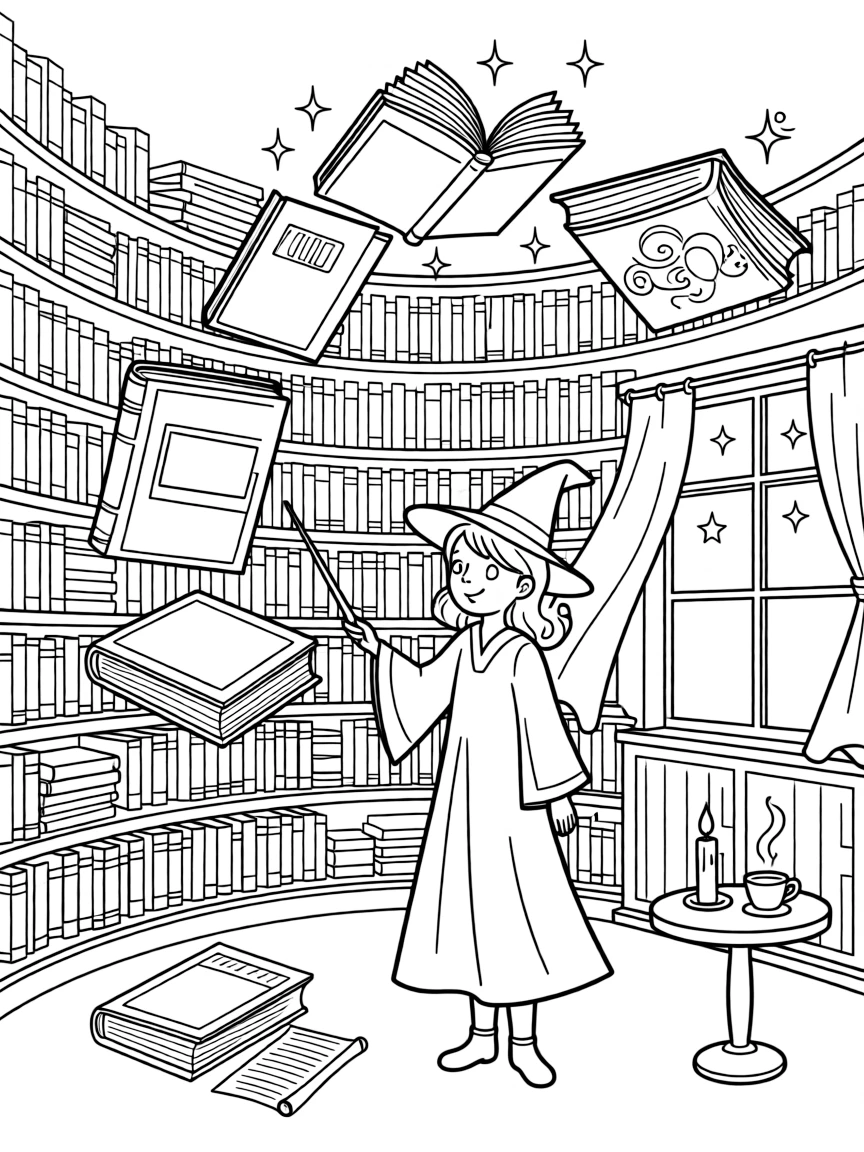 A witch's library with books that float and rearrange themselves
