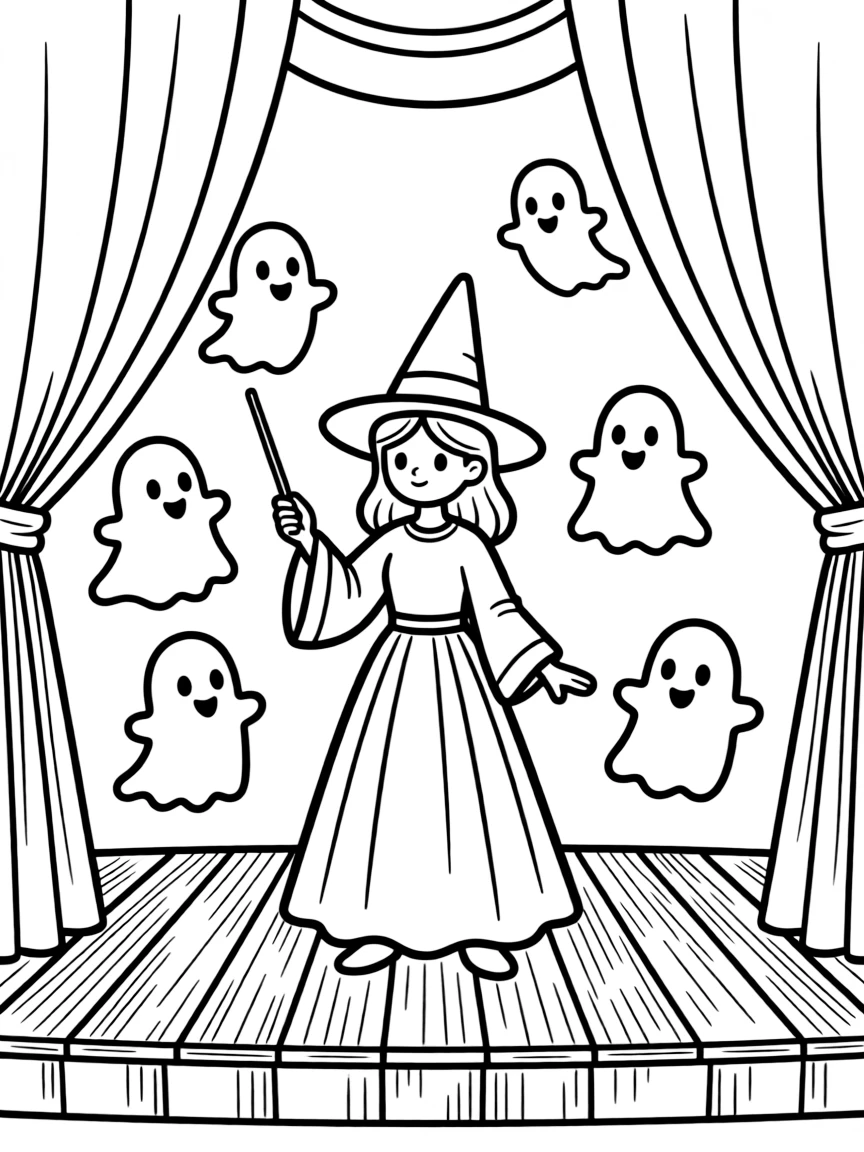 A witch conducting a choir of ghosts in an abandoned theater