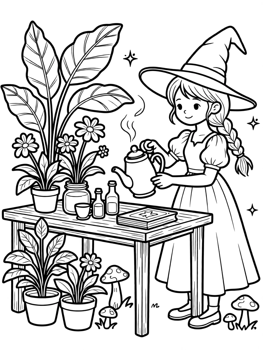 A witch brewing tea from exotic magical plants
