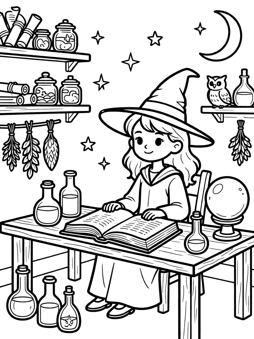 A witch's study filled with magical artifacts and curiosities