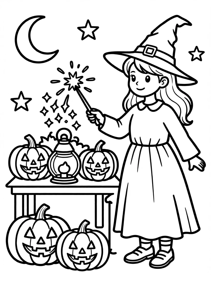 A witch creating magical lanterns from hollowed vegetables