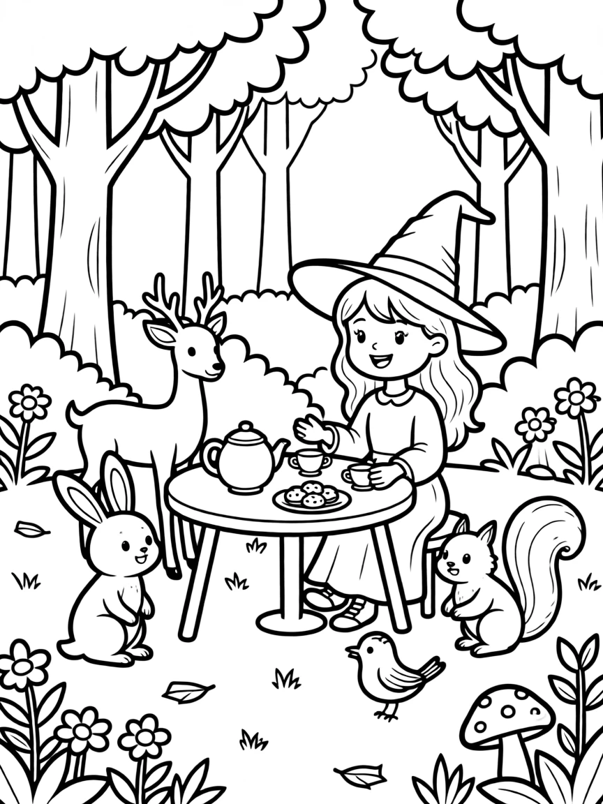 A witch hosting a tea party for woodland creatures