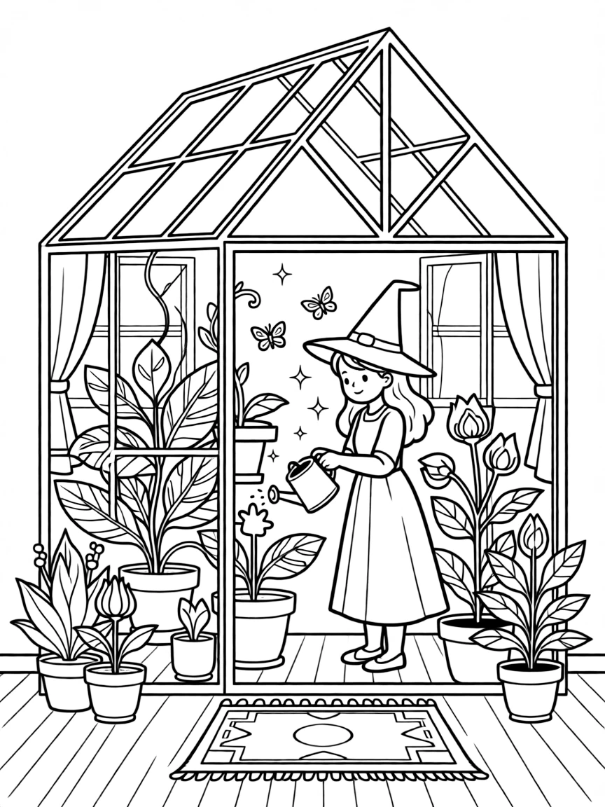 A witch's greenhouse with plants that glow and change colors