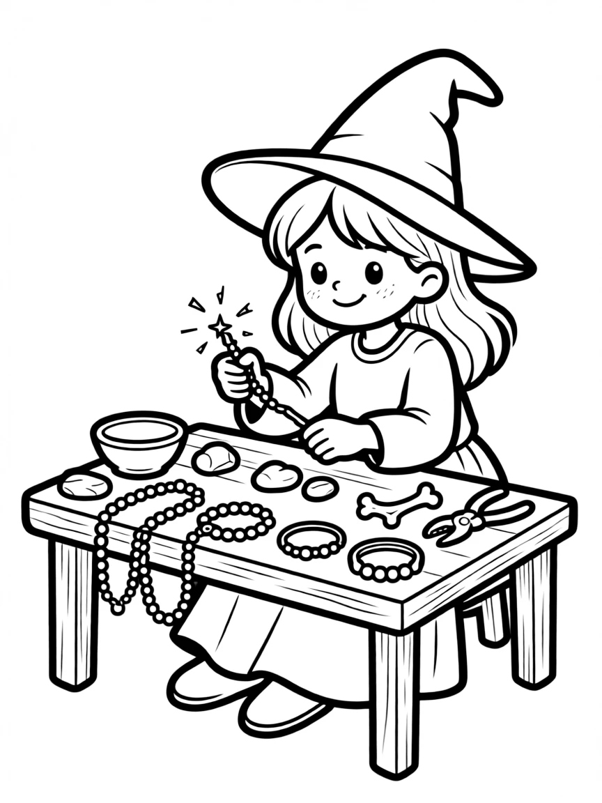A witch crafting magical jewelry from stones and bones