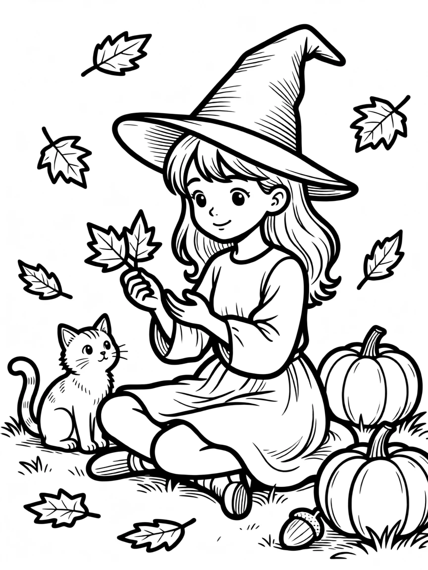 A witch telling fortunes using fallen autumn leaves