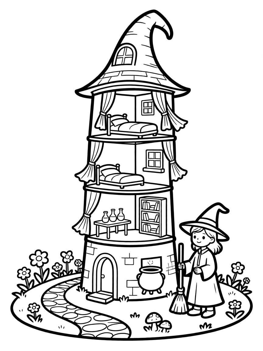 A witch's tower with rooms that change location each night