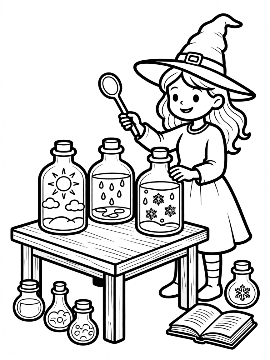 A witch brewing weather in bottles (sunshine, rain, snow)