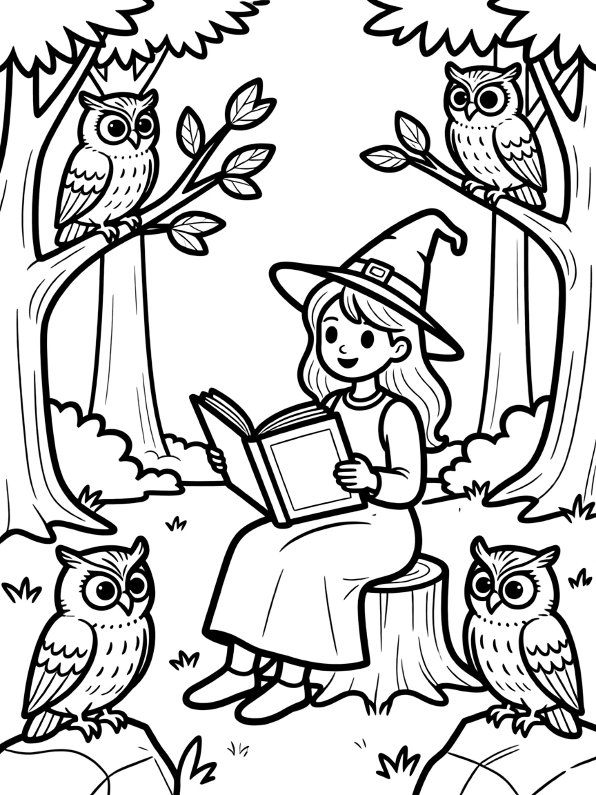 A witch consulting with a council of wise owls