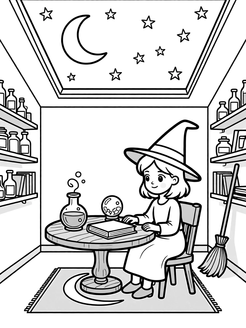 A witch's bedroom with a ceiling that shows the night sky