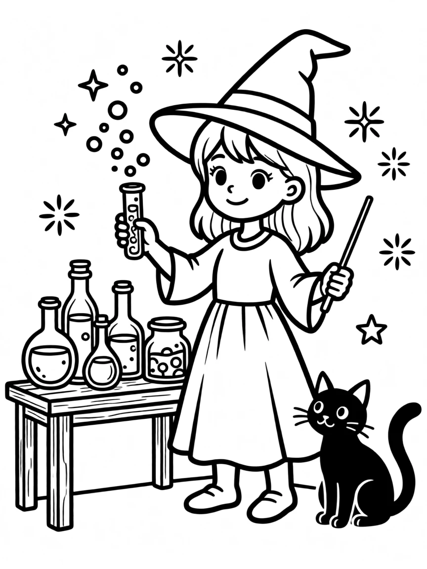 A witch conducting experiments with magical potions