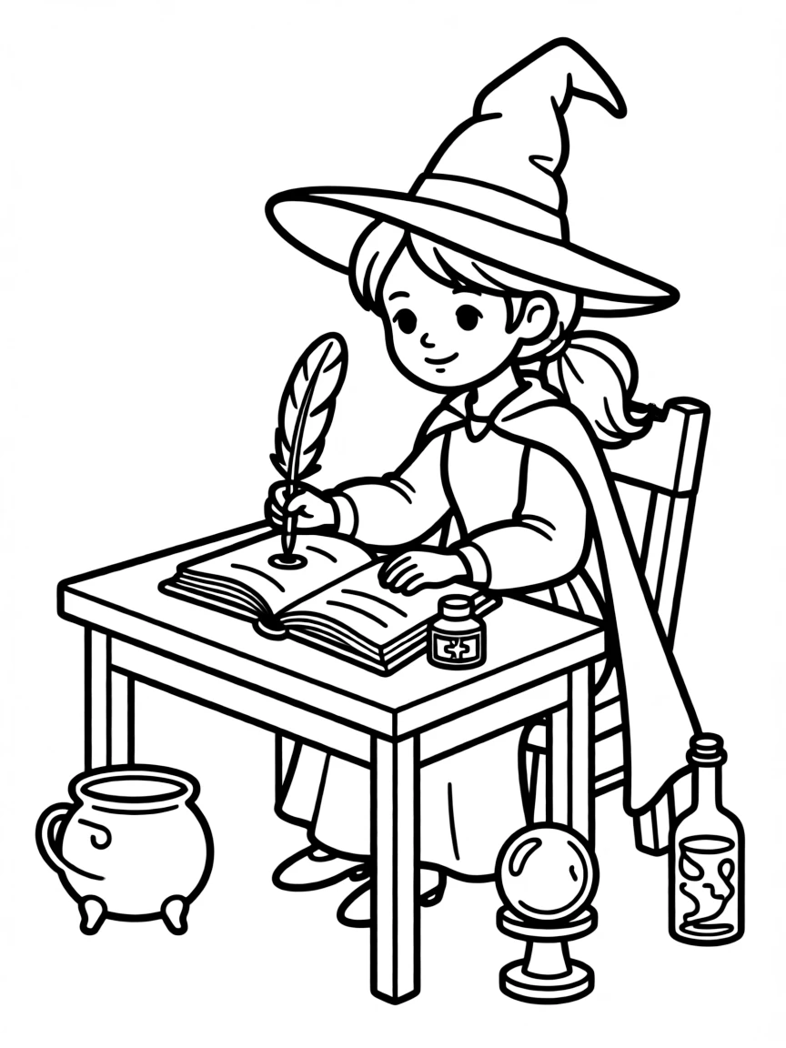 A witch writing spells in a journal with invisible ink