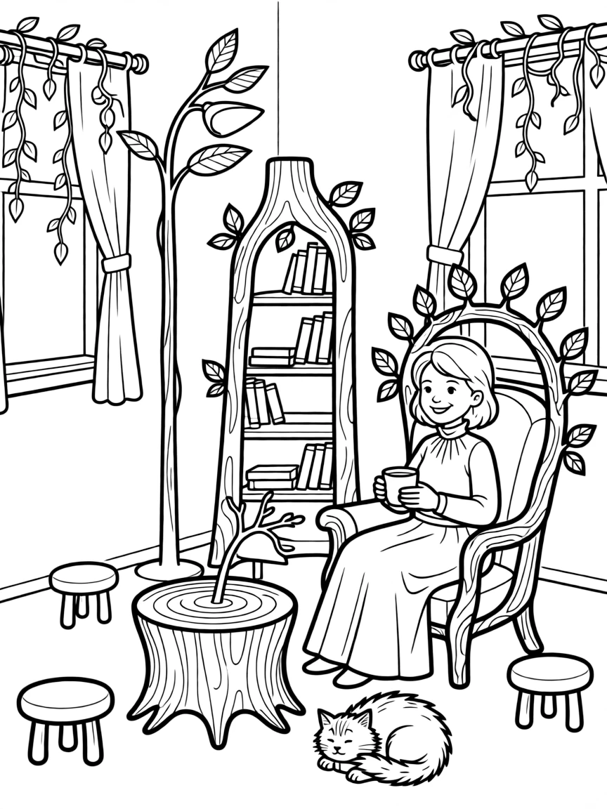 A witch's living room with furniture made from living trees