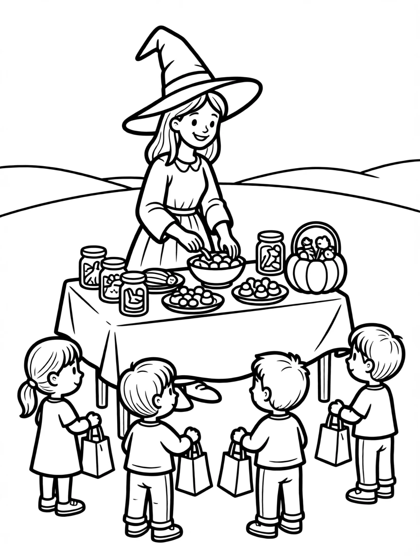 A witch creating magical treats for neighborhood children