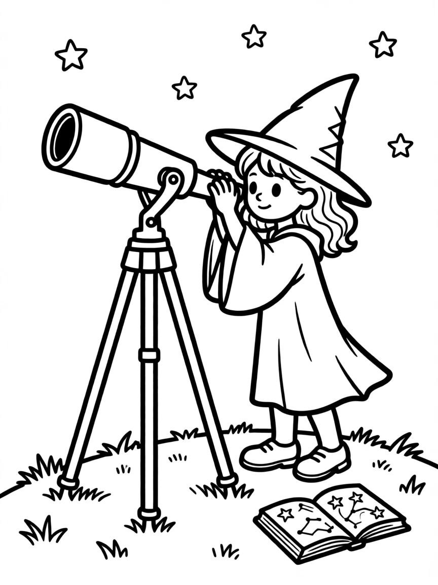 A witch studying the movement of stars through a telescope