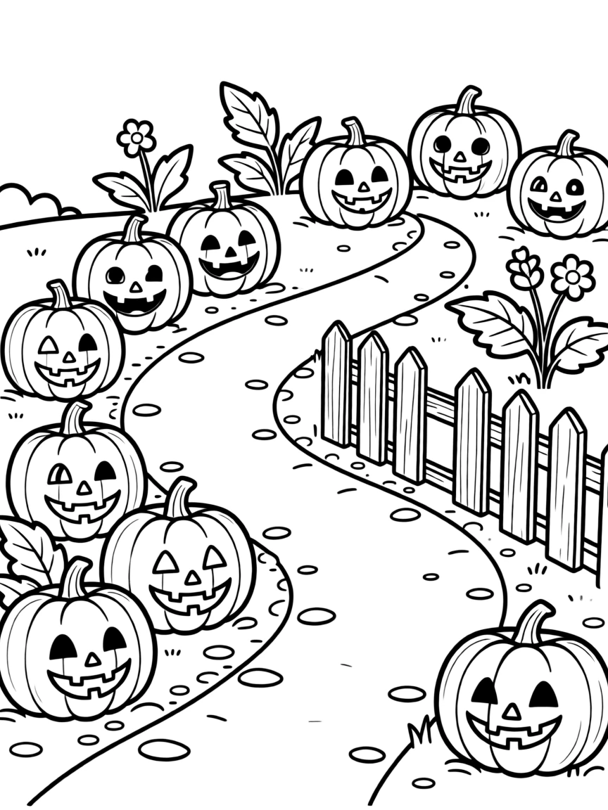 A witch's garden path lined with jack-o'-lanterns
