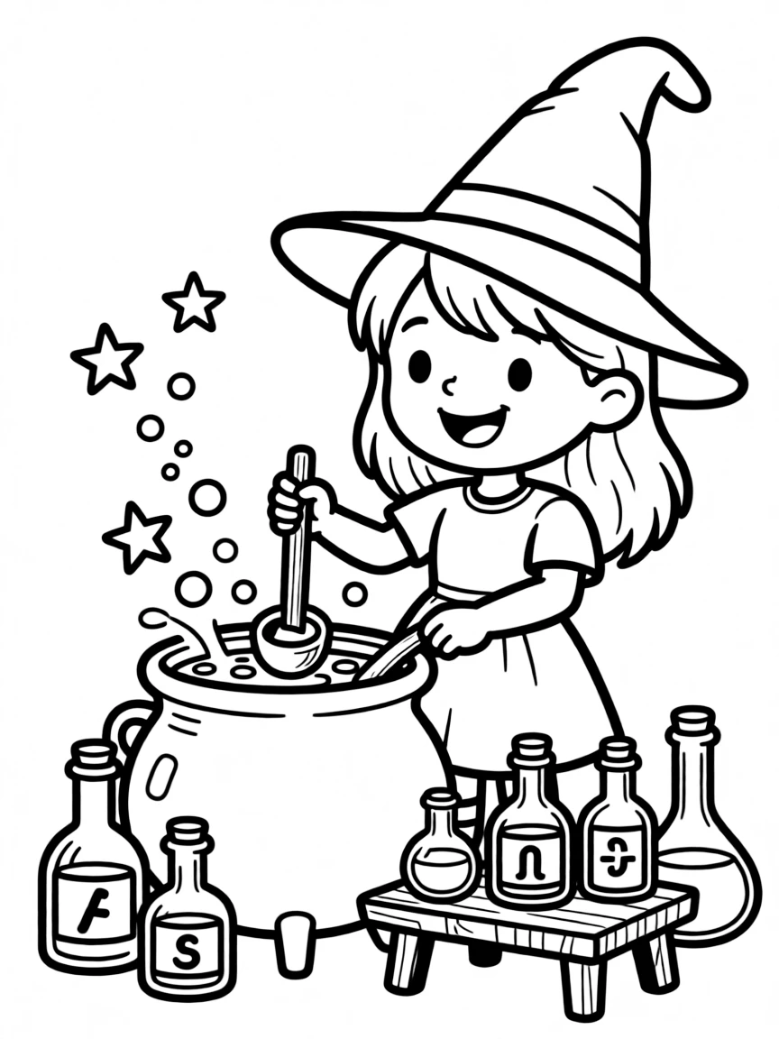 A witch brewing potions that change the drinker's appearance