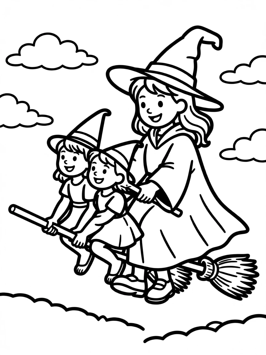 A witch teaching young witches how to fly on broomsticks