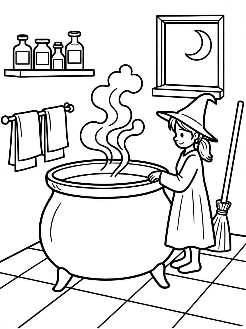 A witch's bathroom with a tub shaped like a cauldron