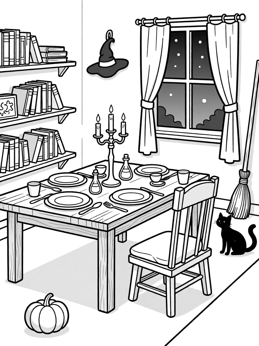 A witch's dining room with a table set for invisible guests