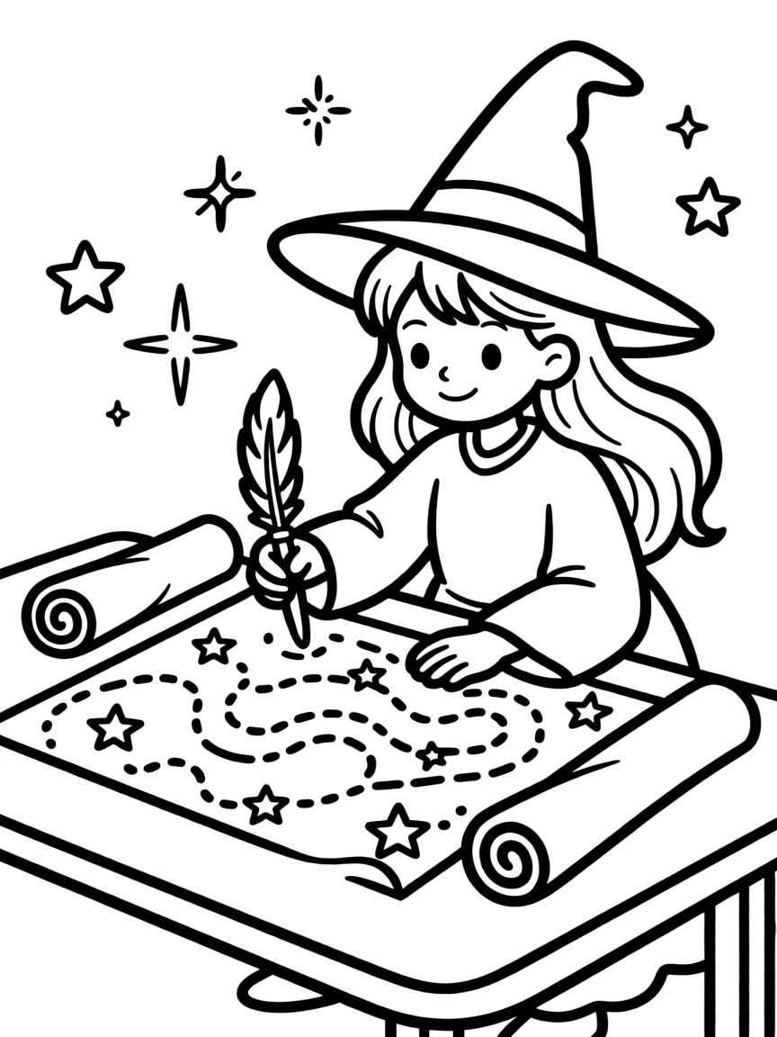 A witch creating magical maps that show hidden pathways