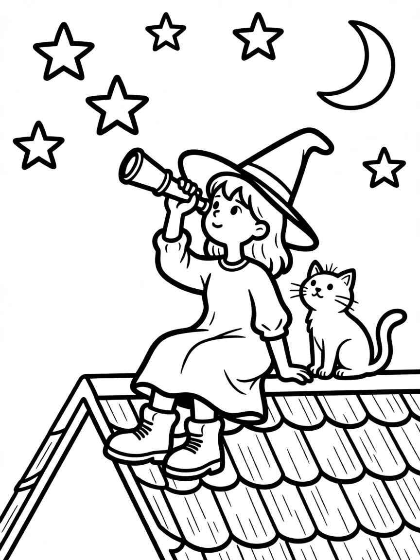 A witch stargazing on a roof with her familiar