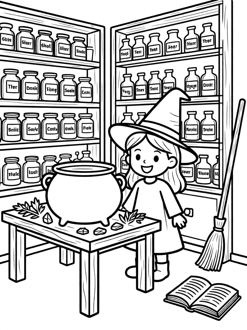 A witch's workroom with shelves of labeled ingredients