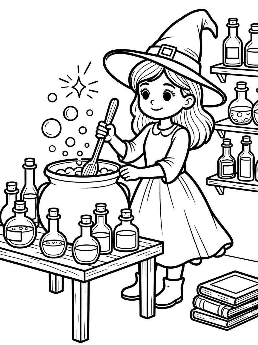 A witch brewing potions in differently shaped bottles