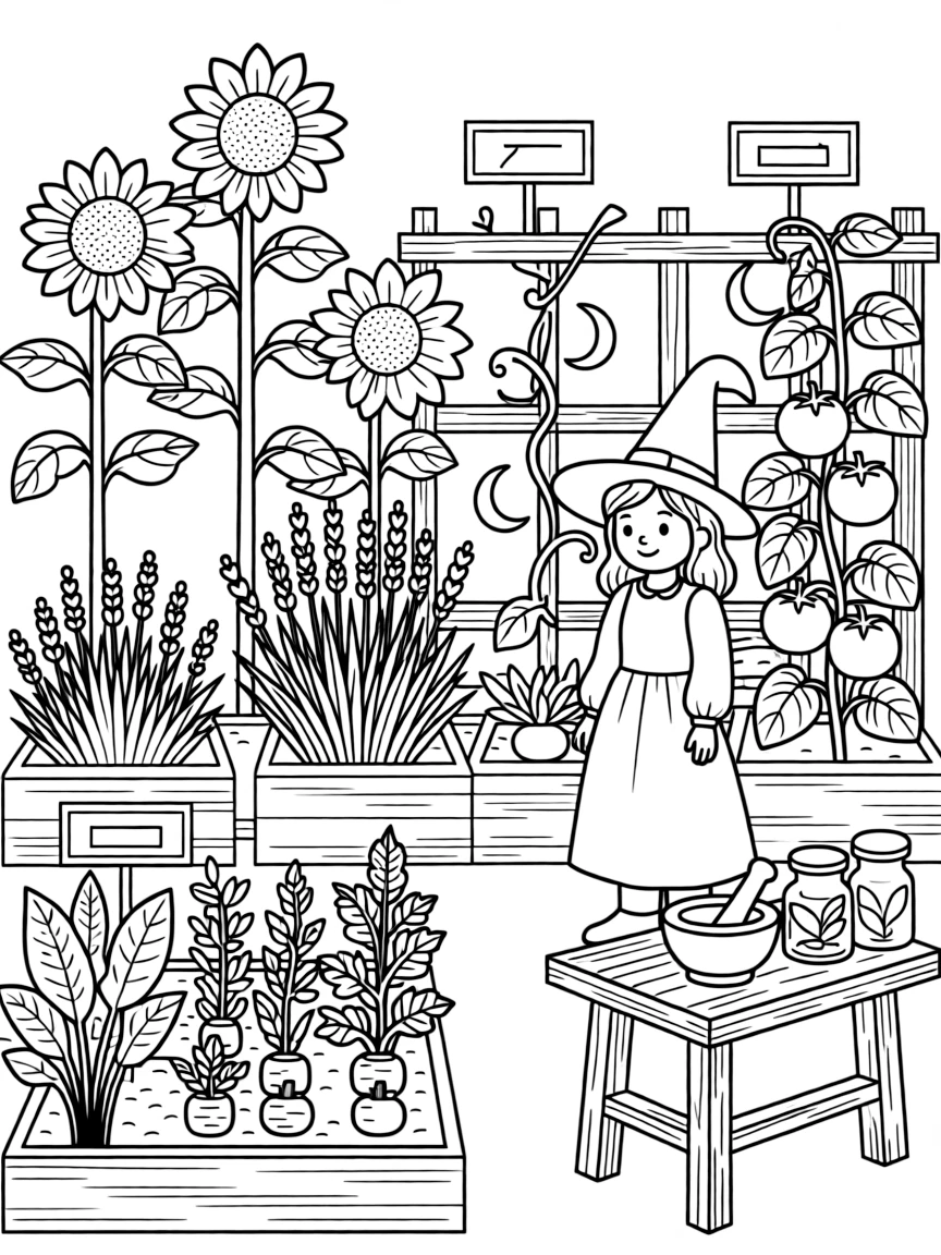 A witch's kitchen garden with plants organized by magical properties