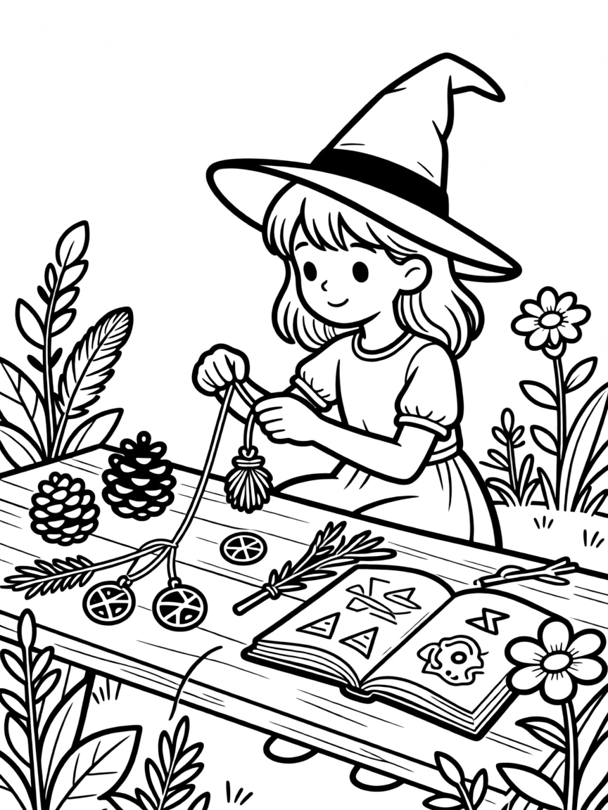 A witch creating protective charms from natural materials