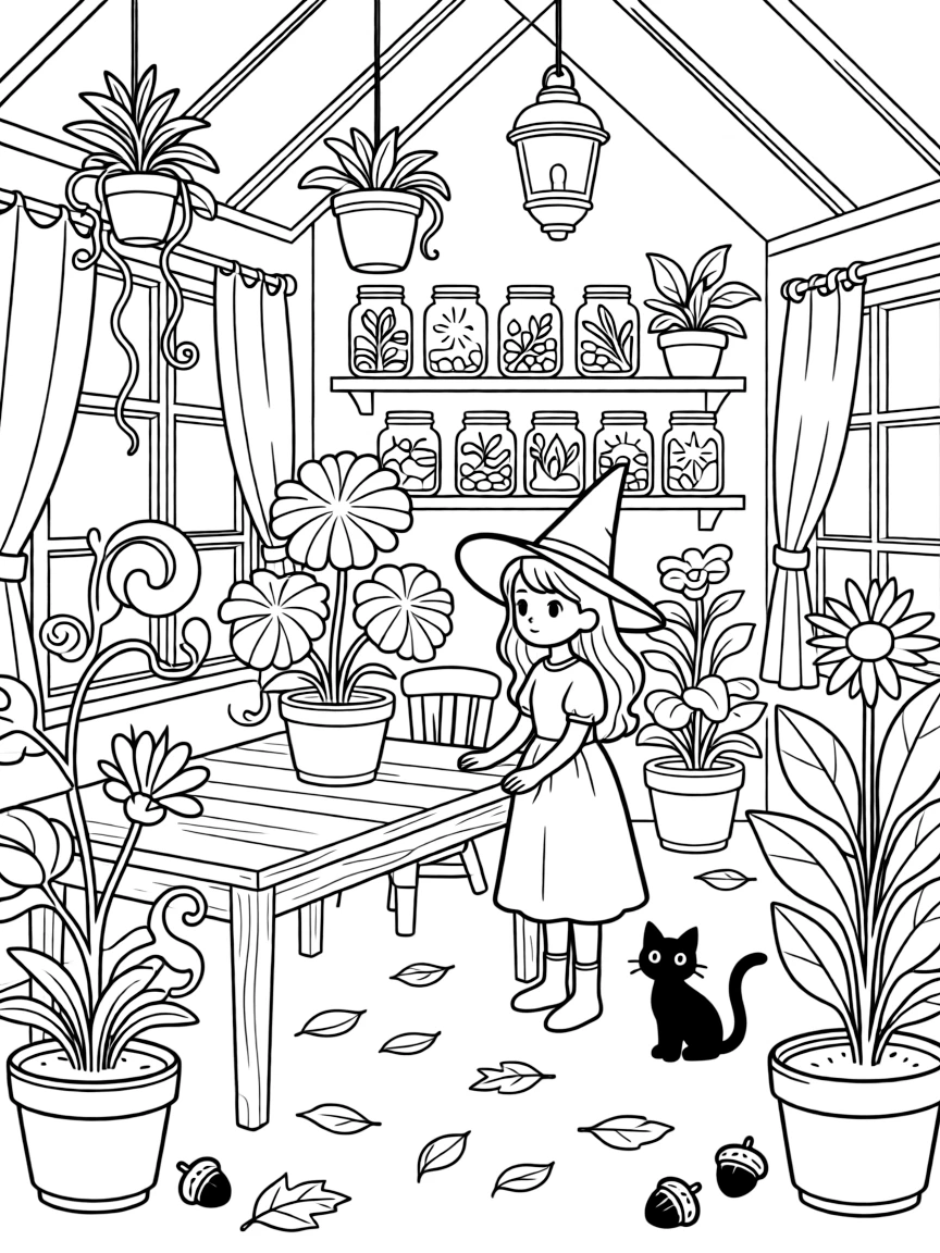 A witch's conservatory filled with rare magical plants