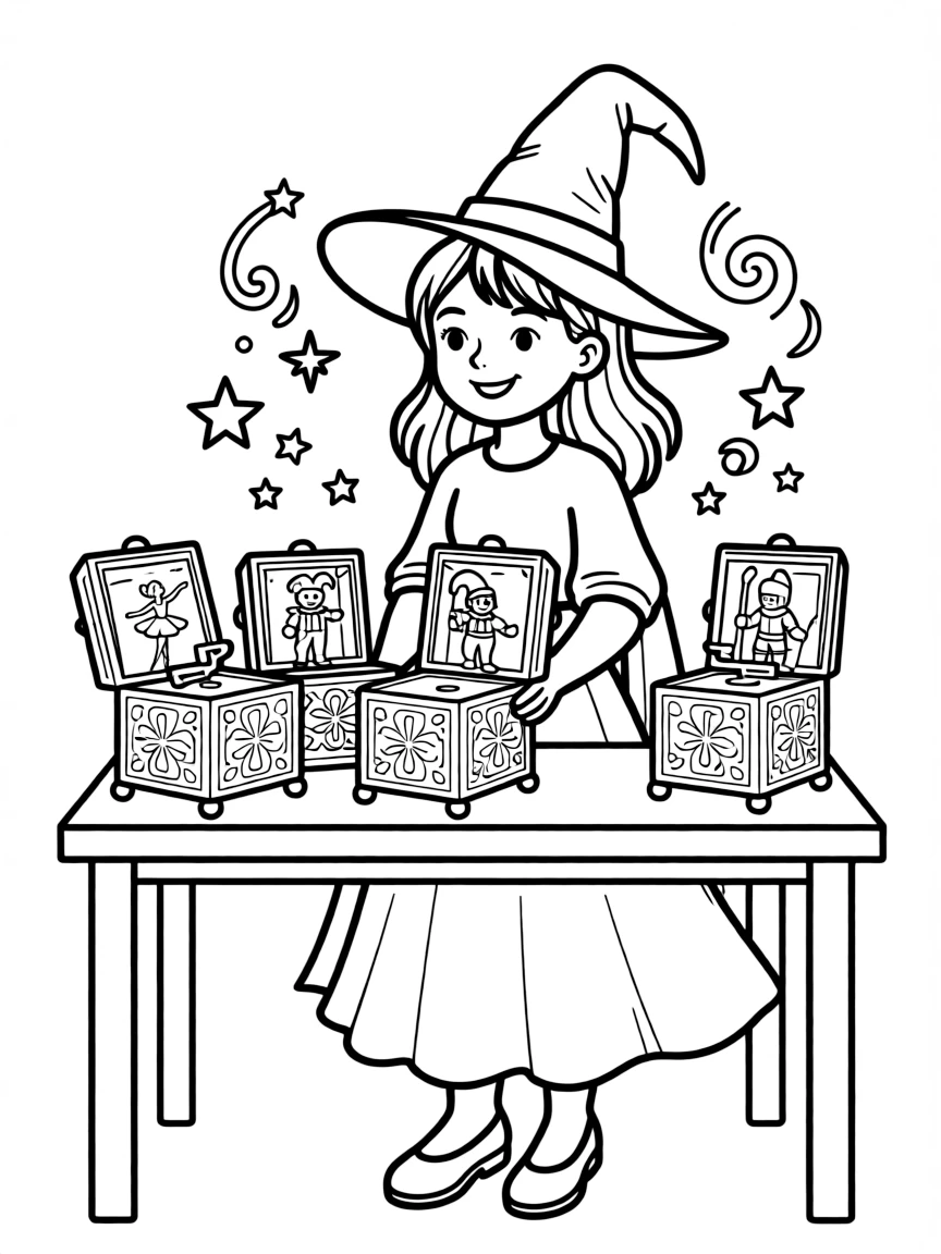 A witch creating magical music boxes with dancing figurines