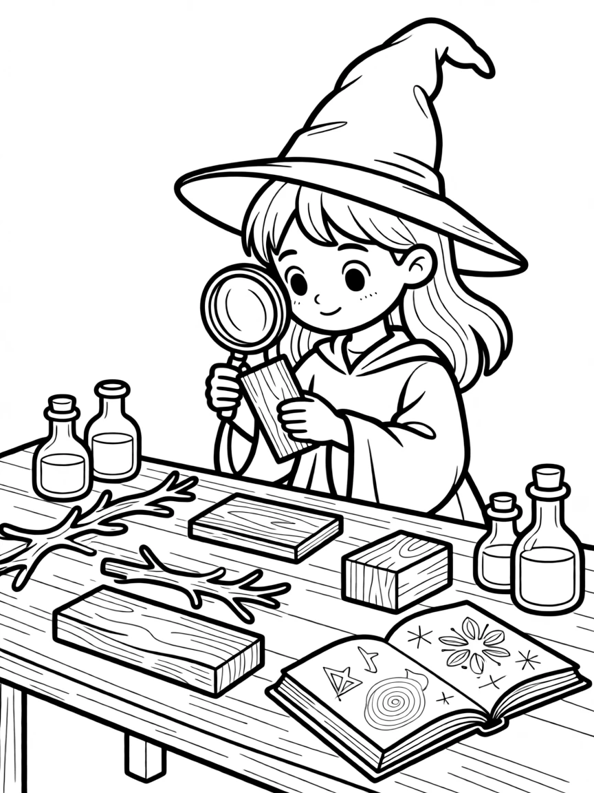 A witch studying the properties of different types of wood