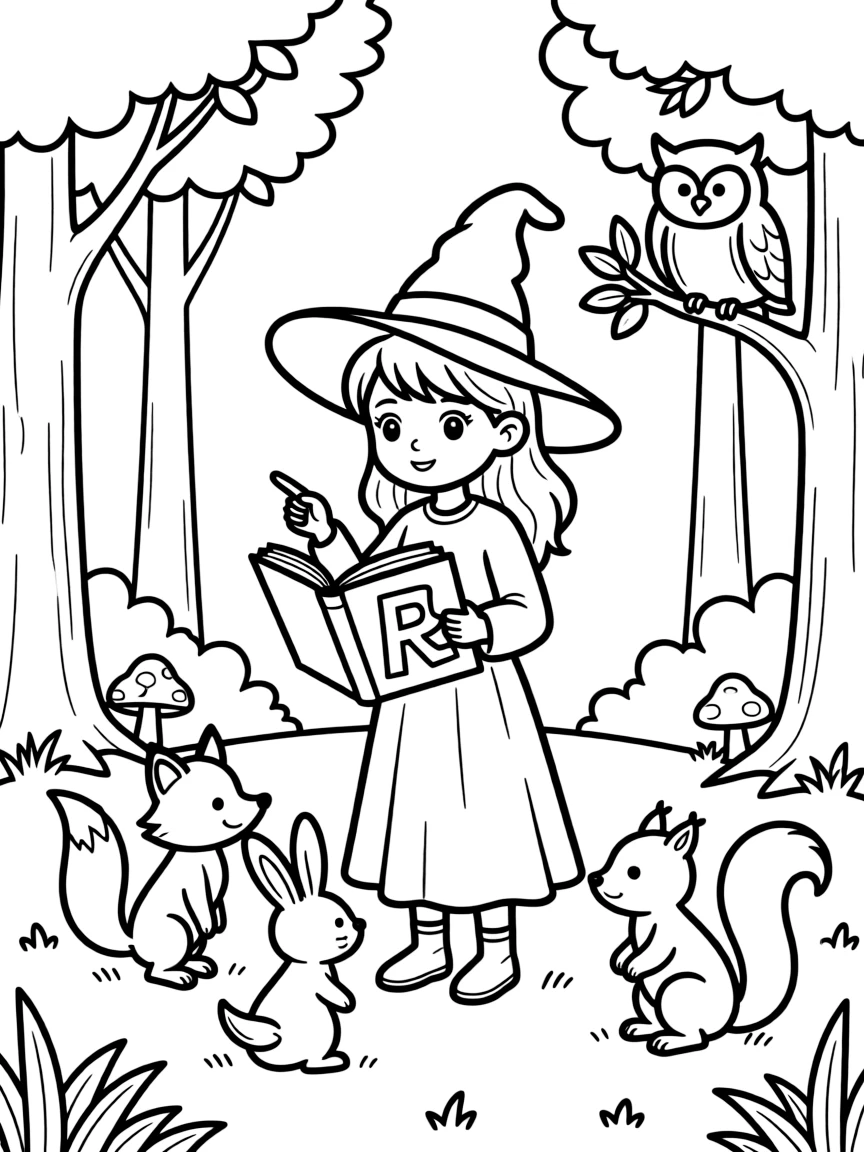 A witch teaching forest creatures to read simple spells