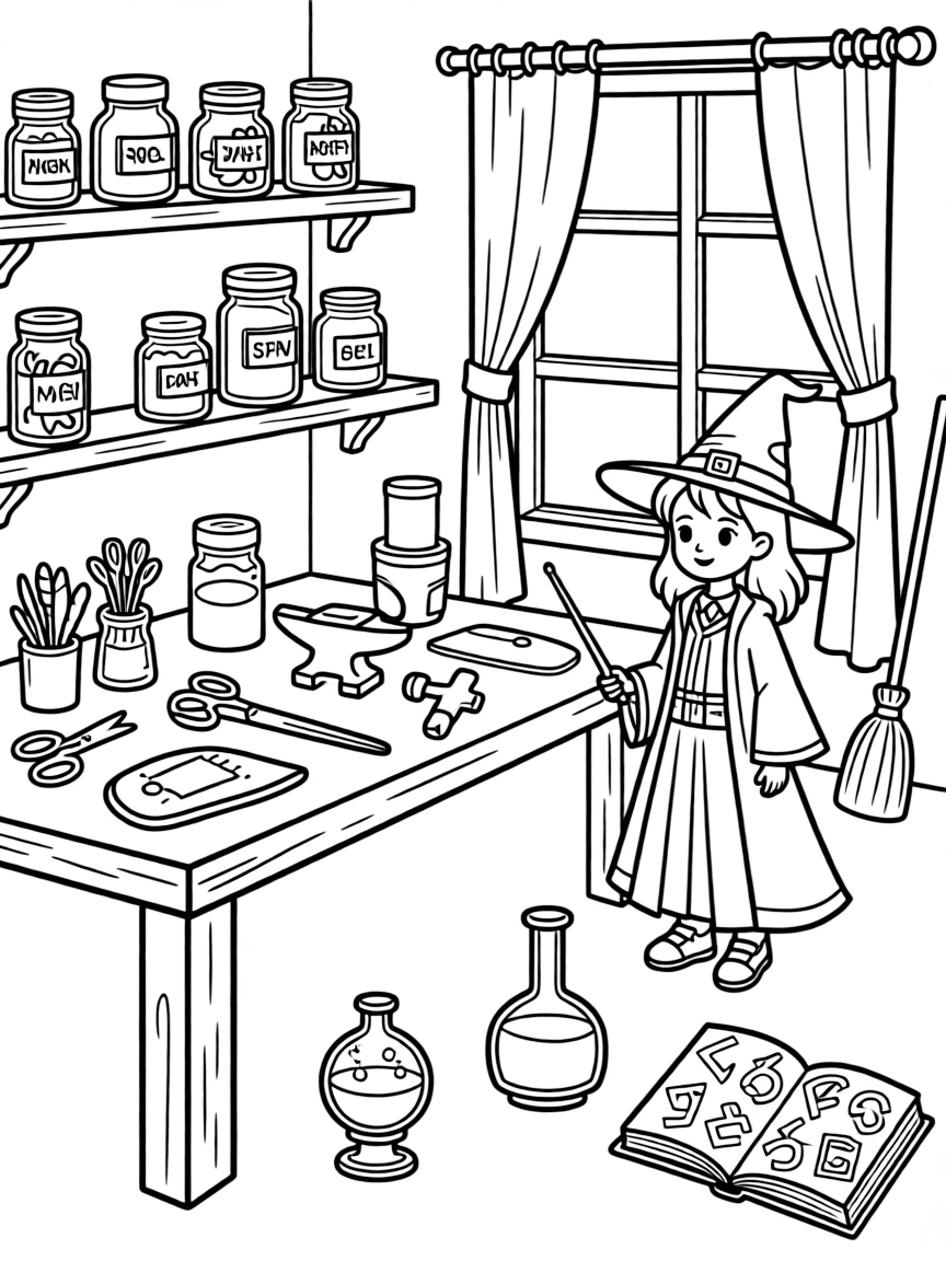A witch's workshop with tools for crafting magical items