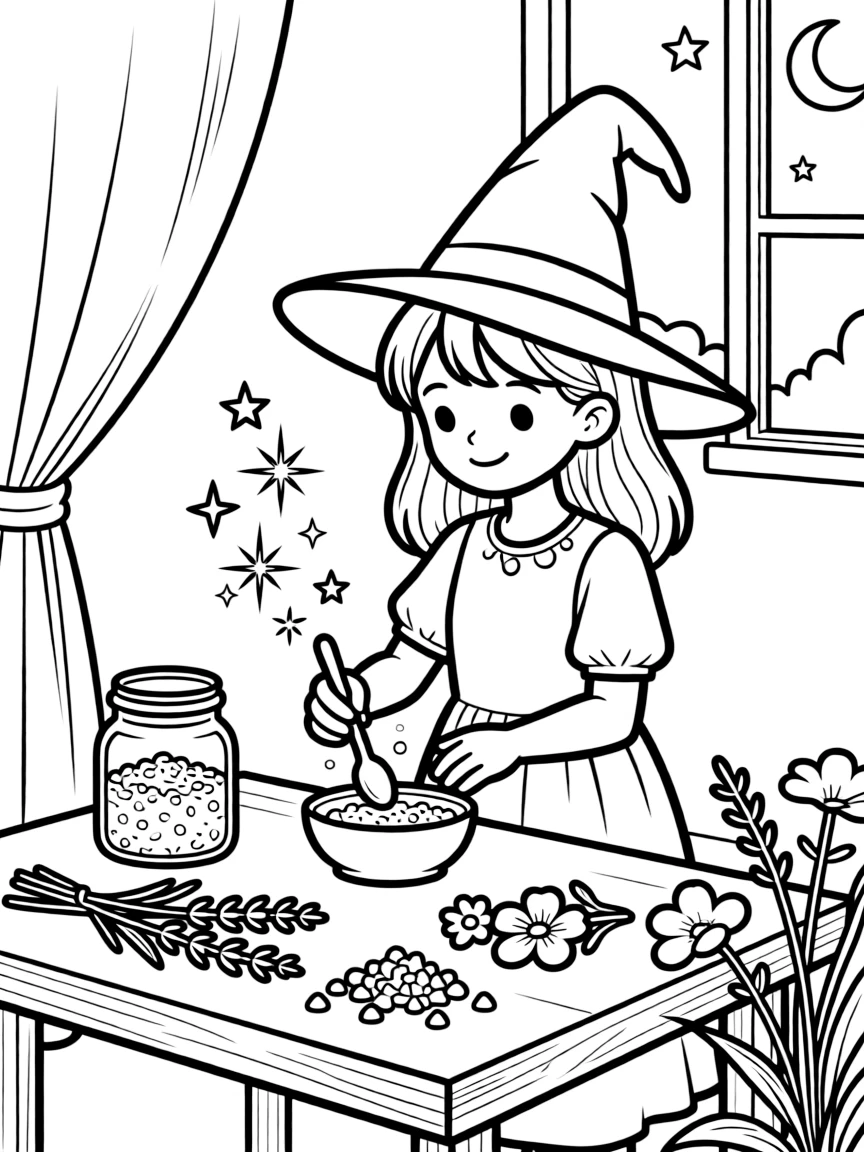 A witch creating bath salts with magical properties