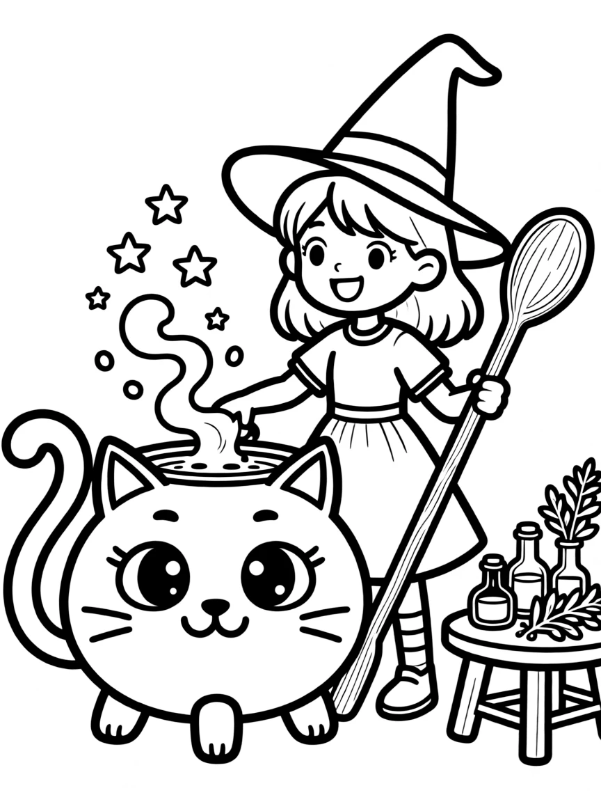 A witch brewing potions in a cauldron shaped like a cat