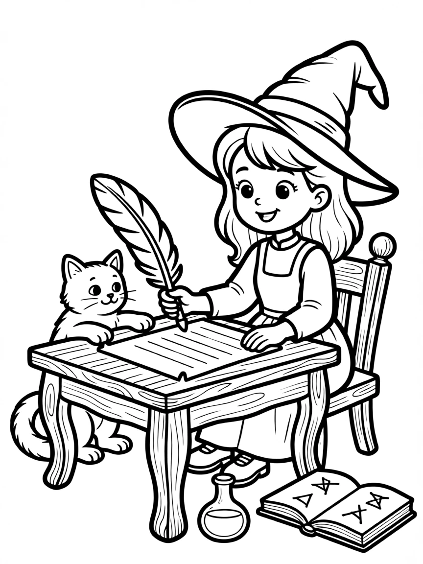 A witch teaching her familiar to write using a quill