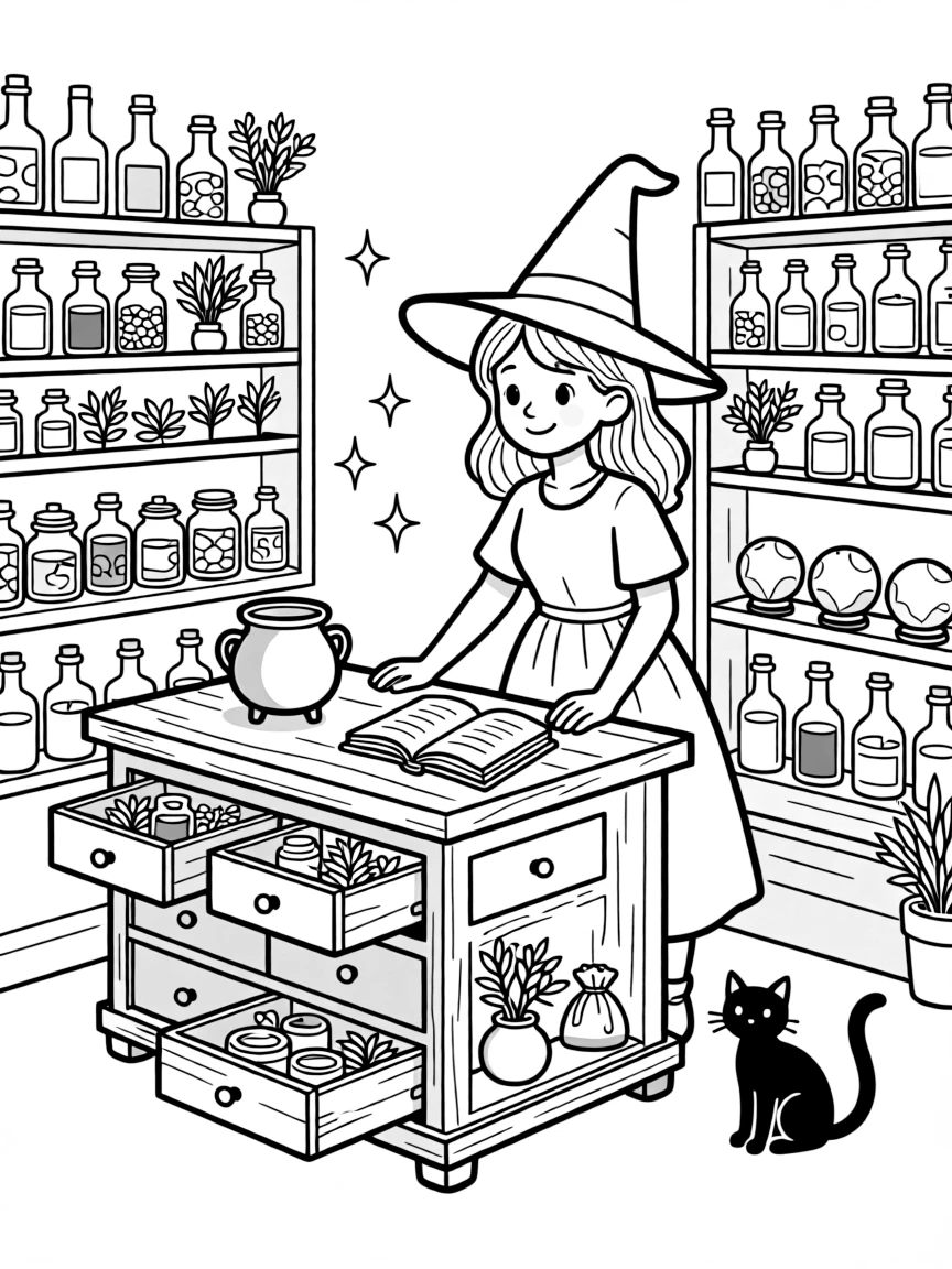 A witch's apothecary with drawers of magical ingredients