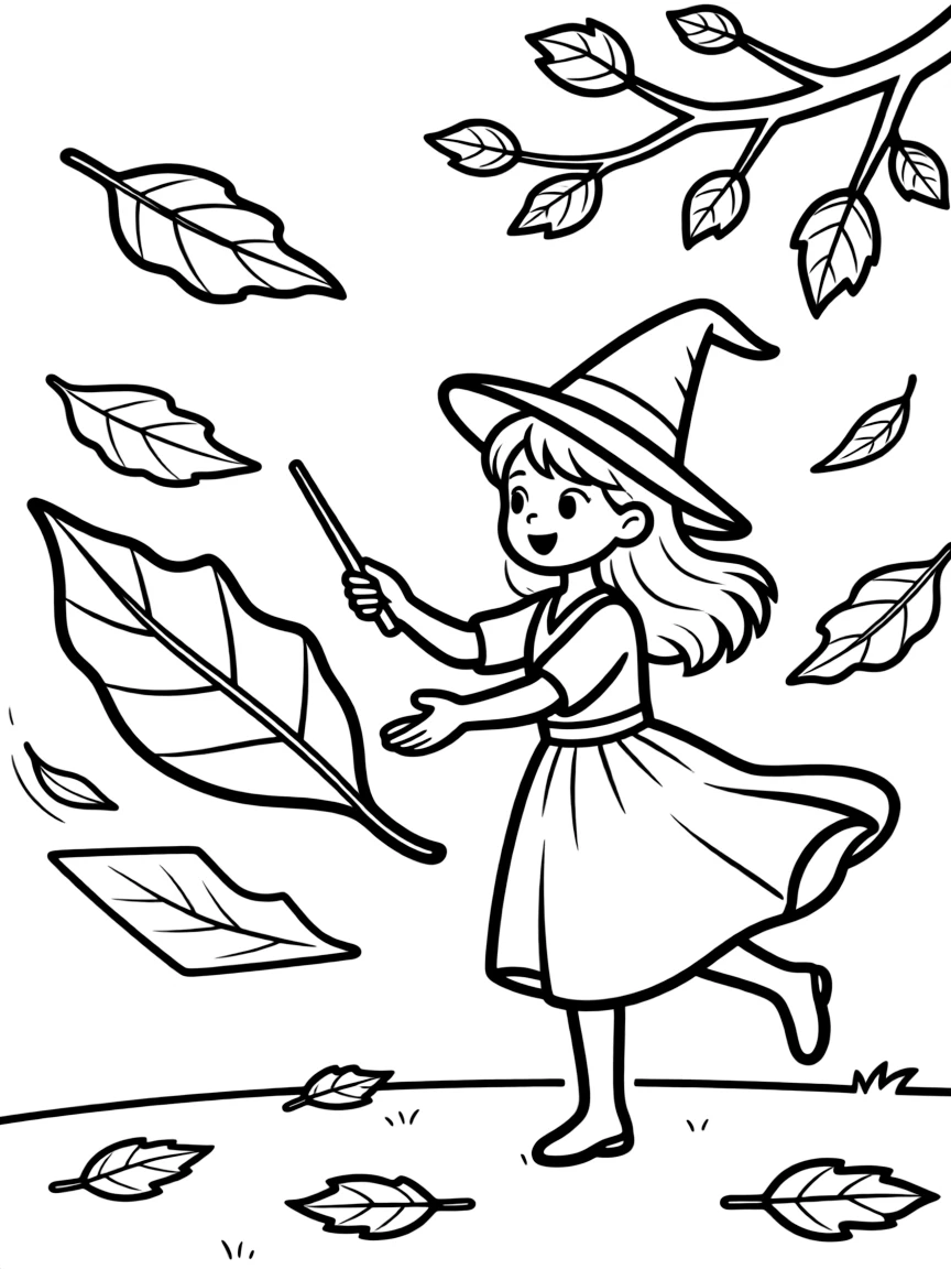 A witch creating flying carpets from fallen leaves