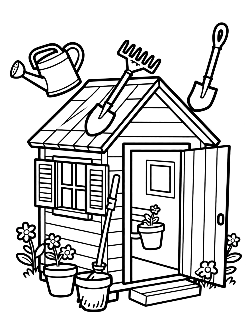A witch's garden shed with tools that work by themselves