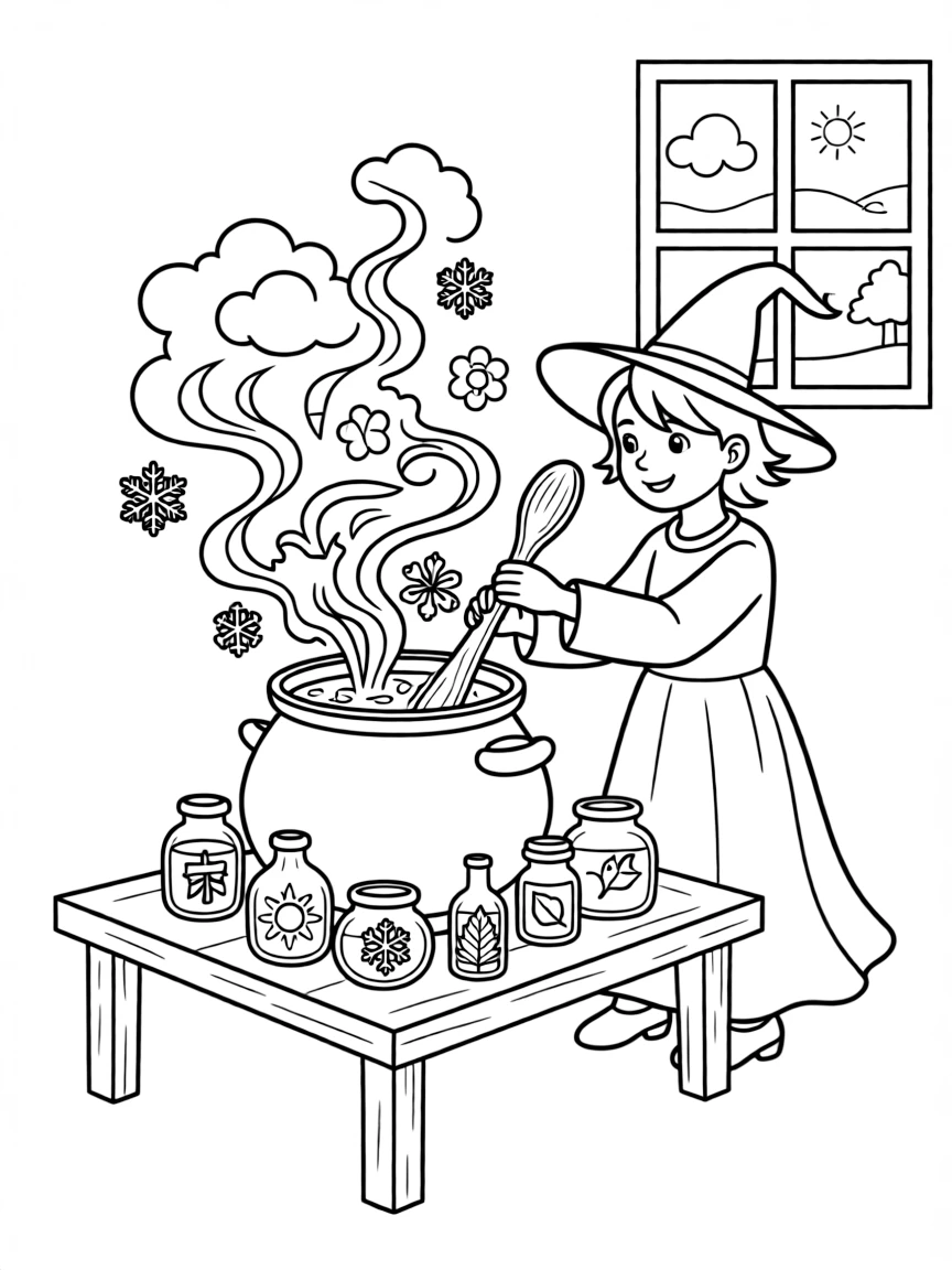 A witch brewing potions that change the seasons