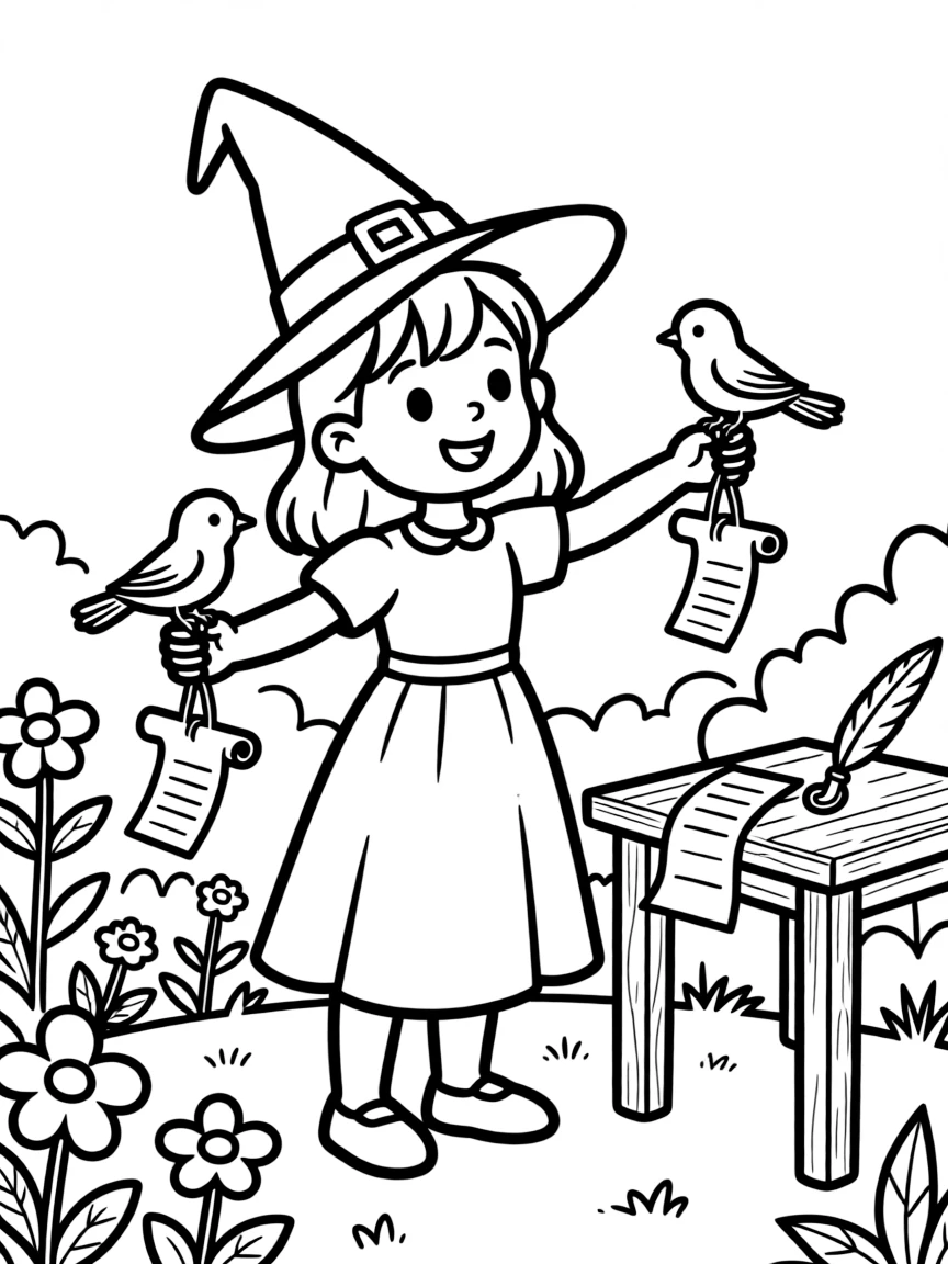 A witch teaching birds to carry messages